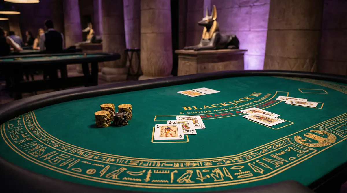Mesa de blackjack com decoração egípcia no stakebet